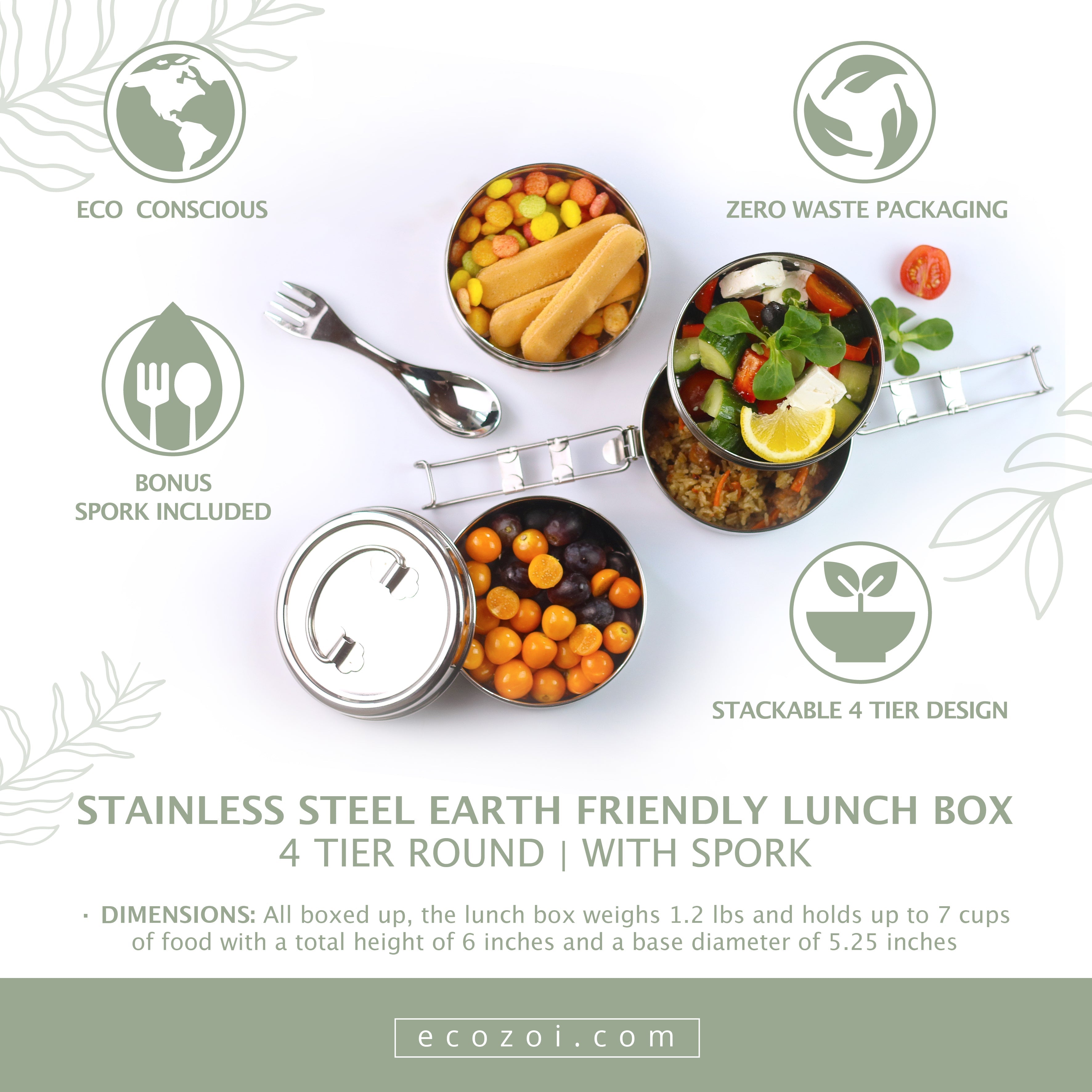 Stainless Steel Lunch Box, 4 Tier Round with Spork, 55 Oz by ecozoi