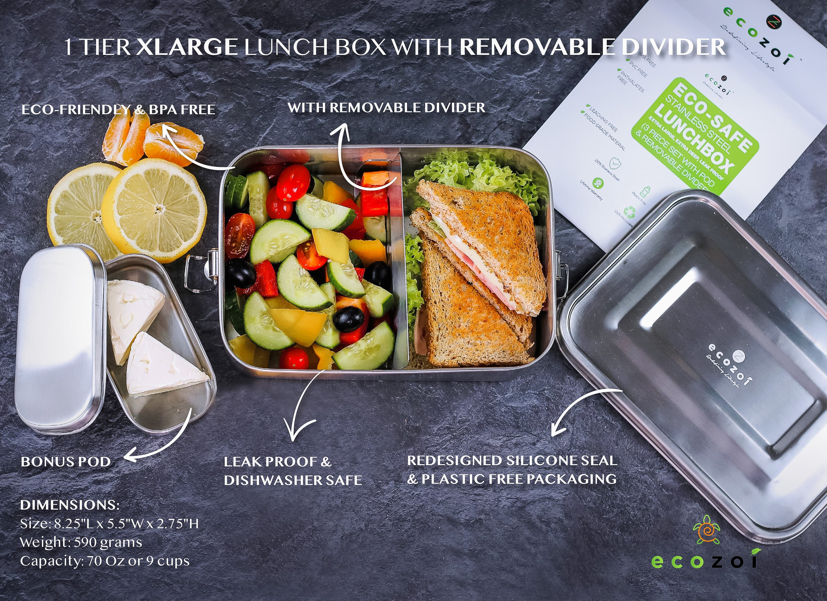 Stainless Steel Lunch Box with Removable Divider, 1 Tier Leak Proof, 60 Oz by ecozoi