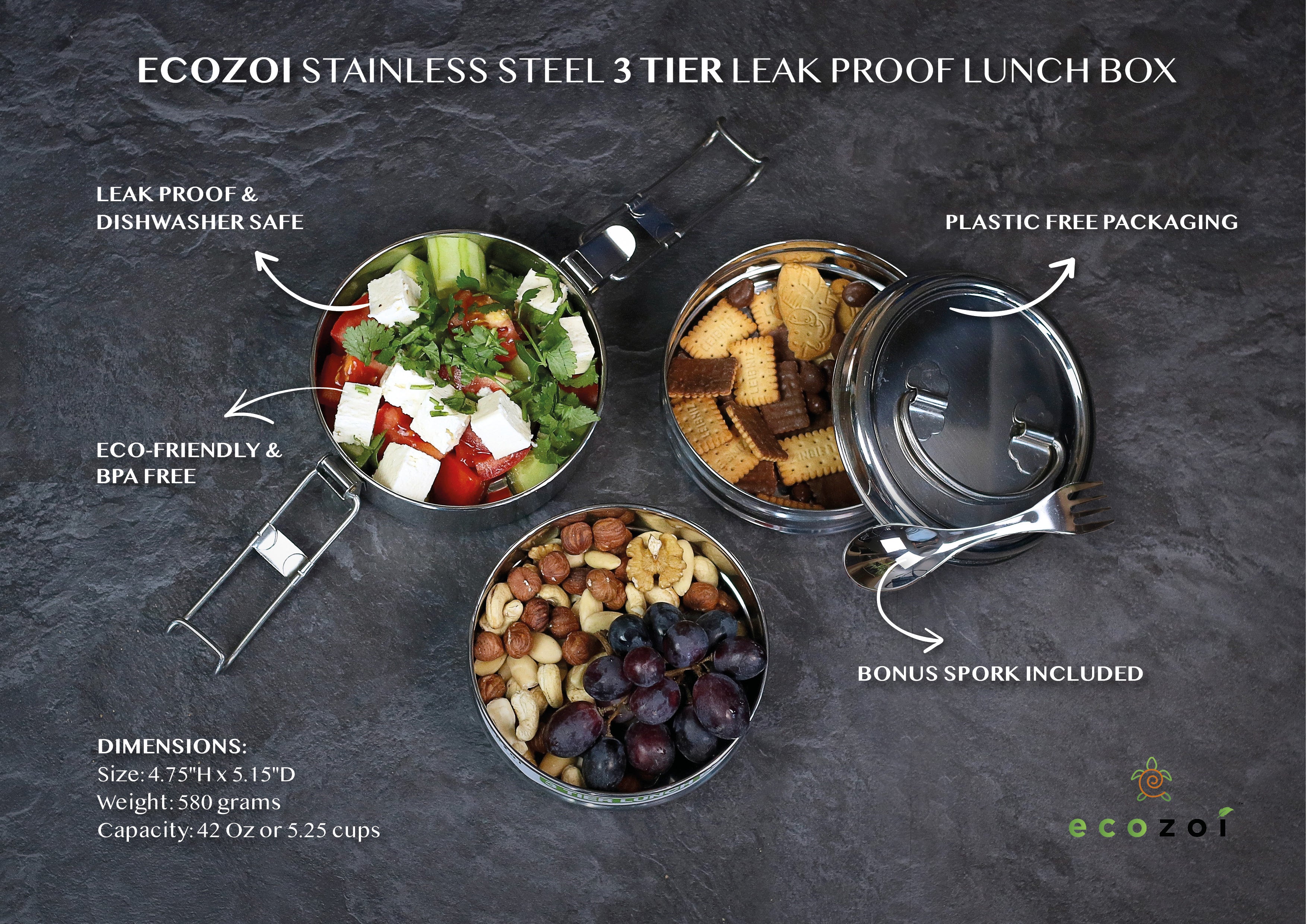 Stainless Steel Lunch Box, 3 Tier Round with Spork, 40 Oz by ecozoi