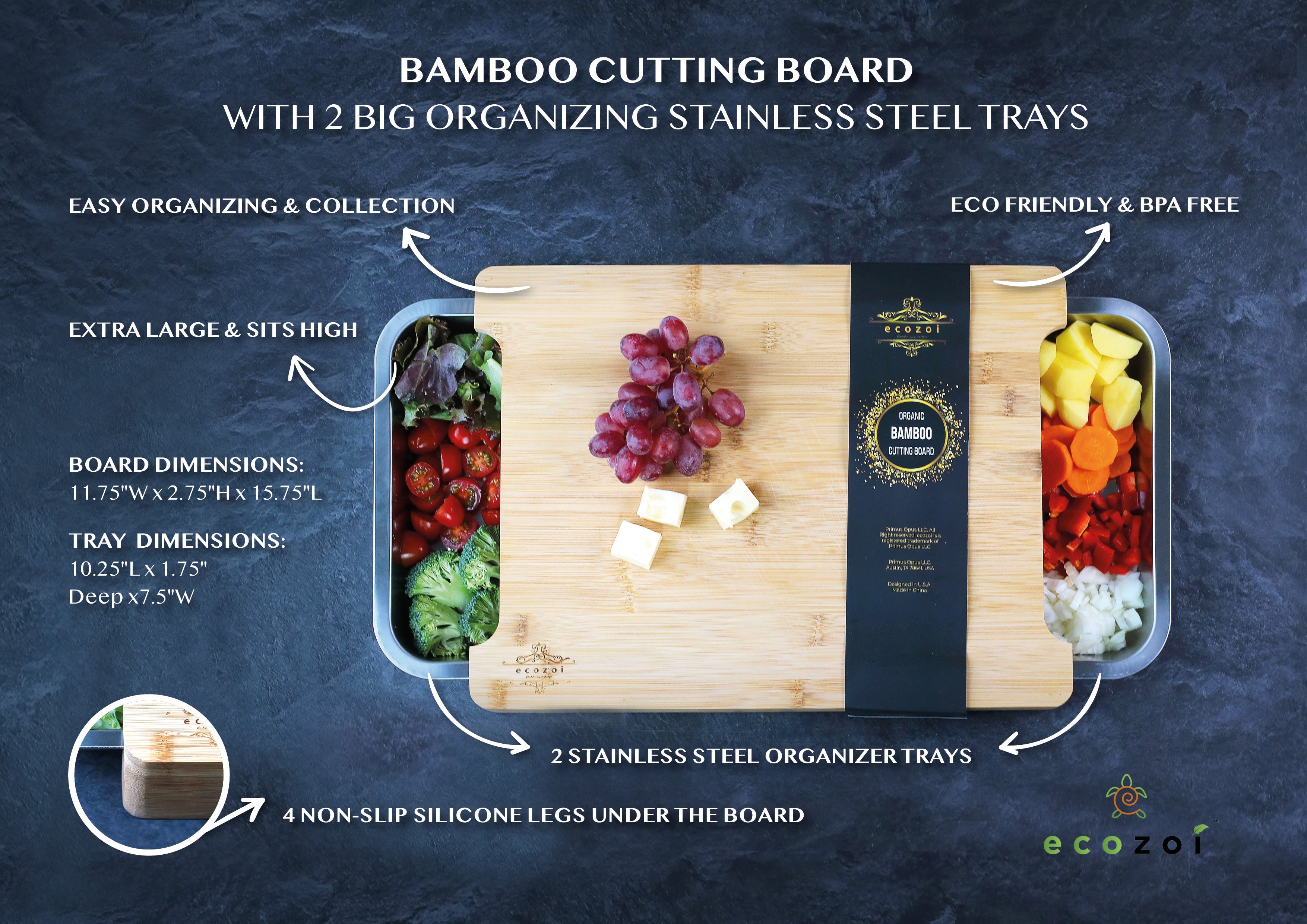 Bamboo Cutting Board with 2 Organizing Stainless Steel Trays by ecozoi