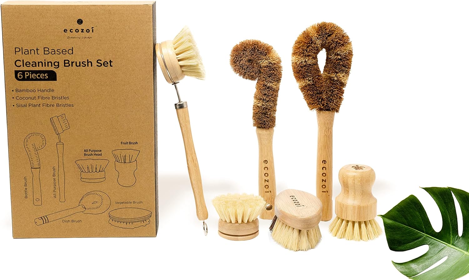 Dish Brush Set, 6 Piece Kitchen Scrub Brush Set, Plant Based Vegetable Brush Set by ecozoi